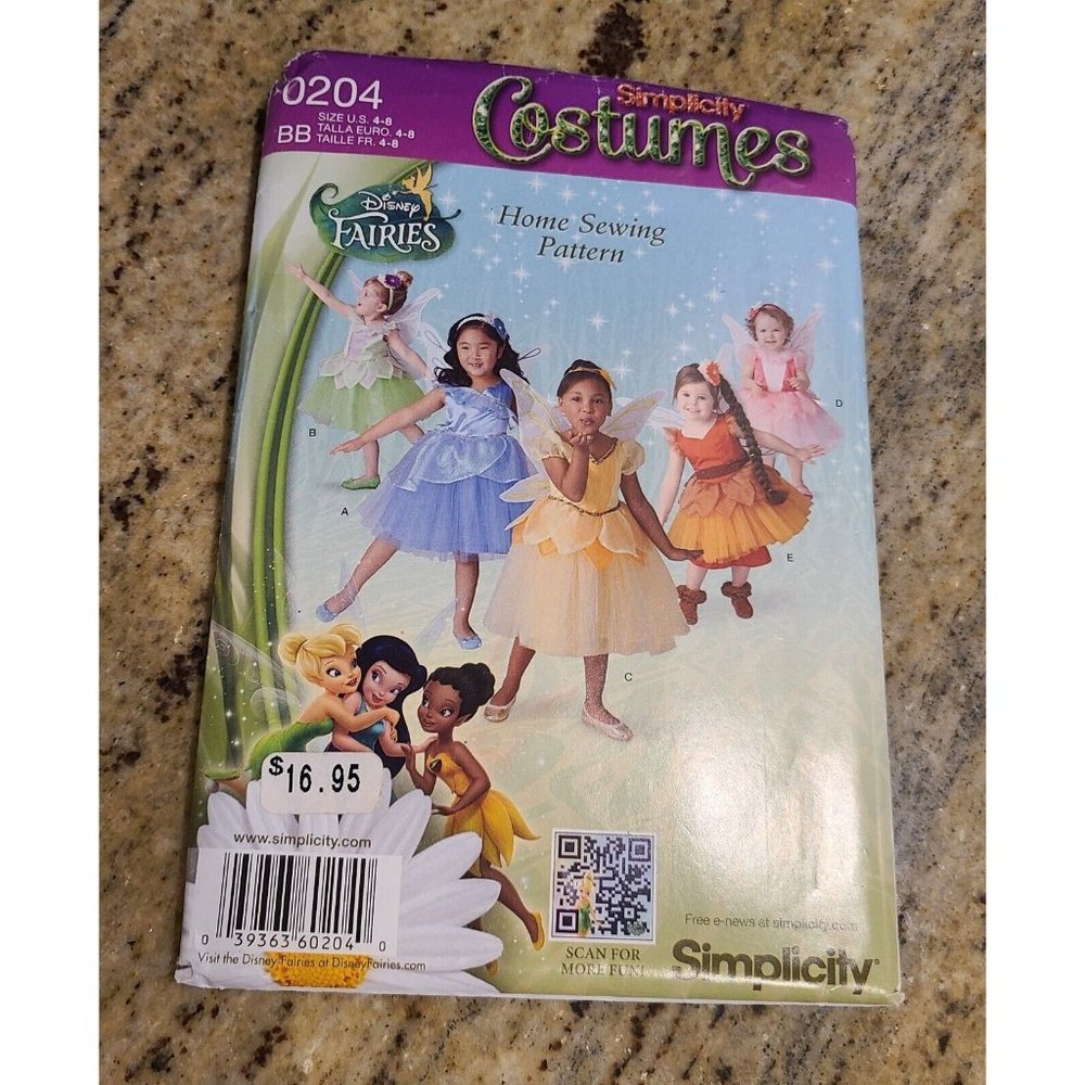 Simplicity Disney Fairy Costume Pattern 0204 Girls' Sizes 4 6 8 Butterfly Wings
